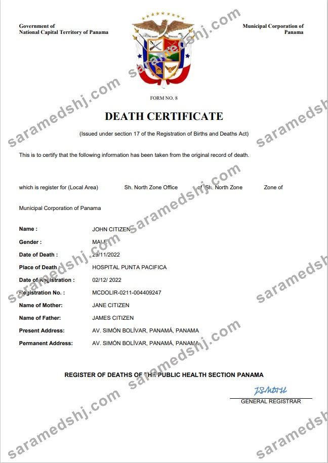 Panama death certificate Word and PDF template